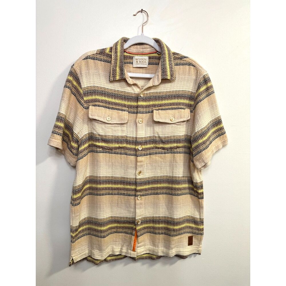 Scotch & Soda Amsterdam Mens L Textured Striped Woven Shirt Short Sleeve Utility
